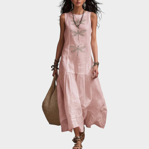 Women's Linen Maxi Dress Sleeveless Dragonflies Print