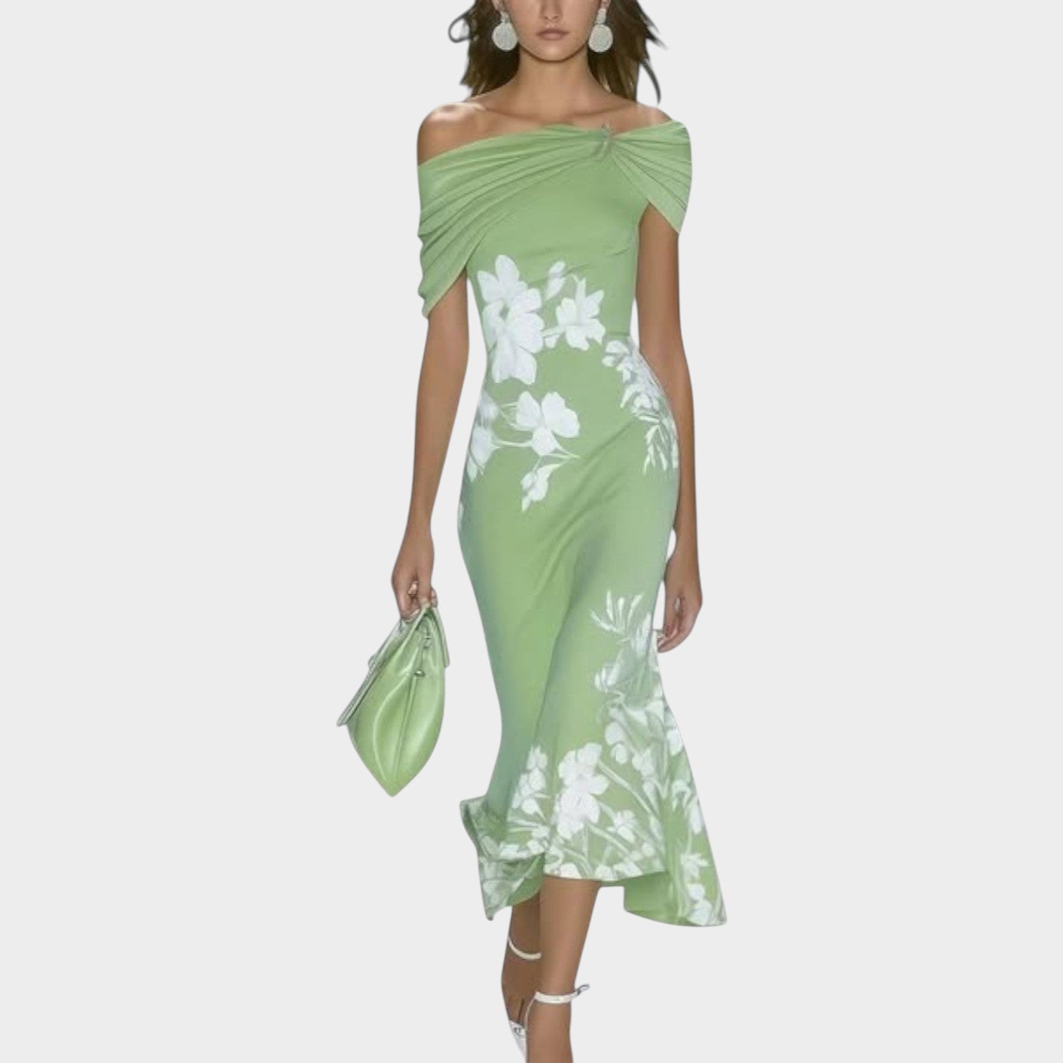 Off-Shoulder Floral Midi Wedding Guest Dress