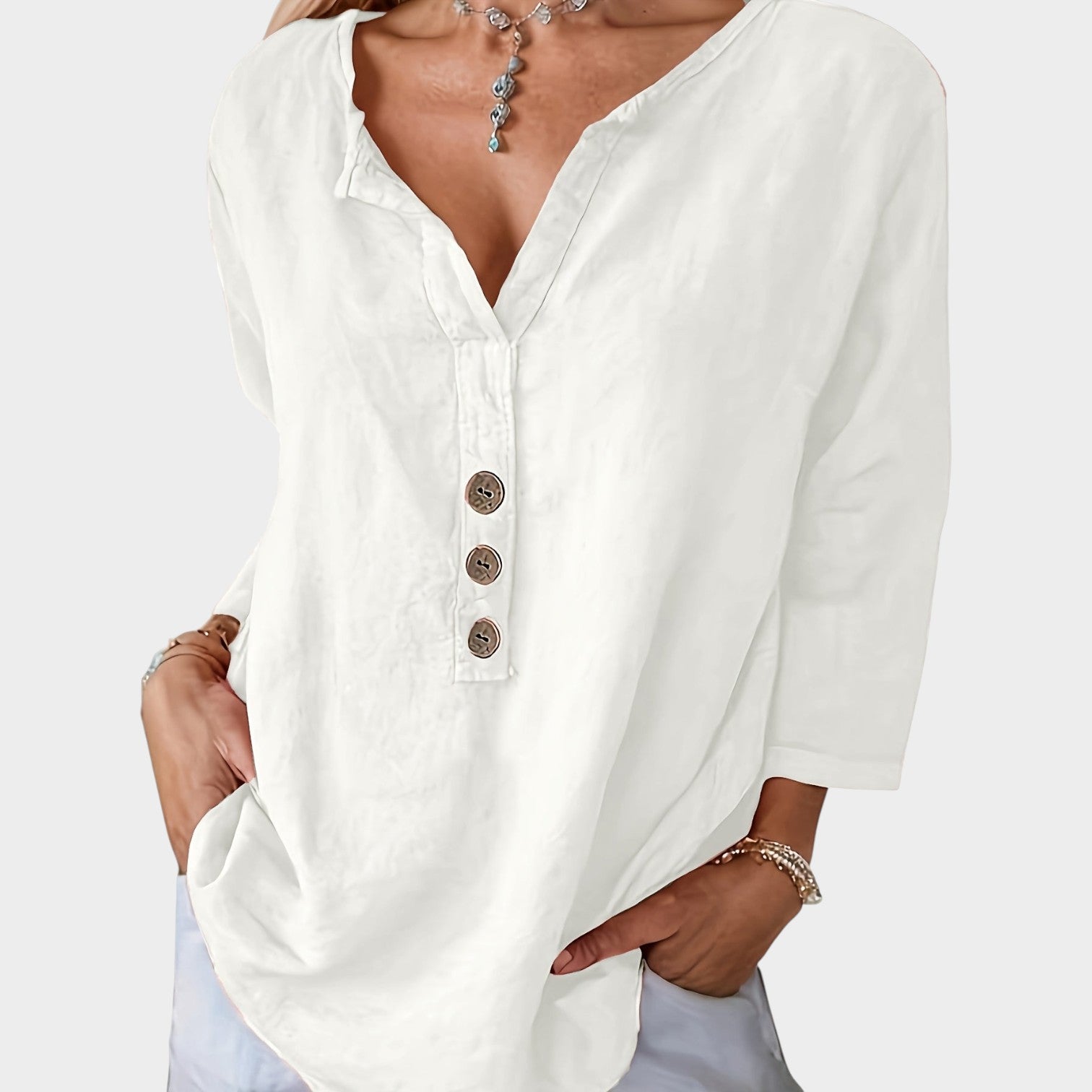 Button Up V-Neck Blouse