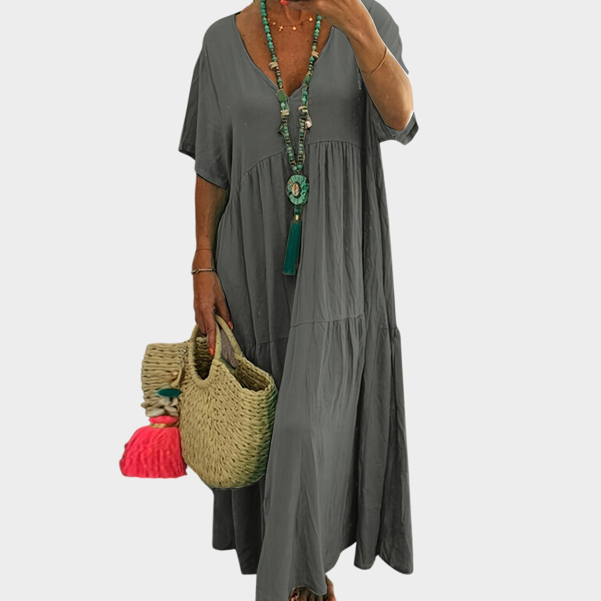 Women’s Tiered Maxi Dress with V-Neck and Short Sleeves