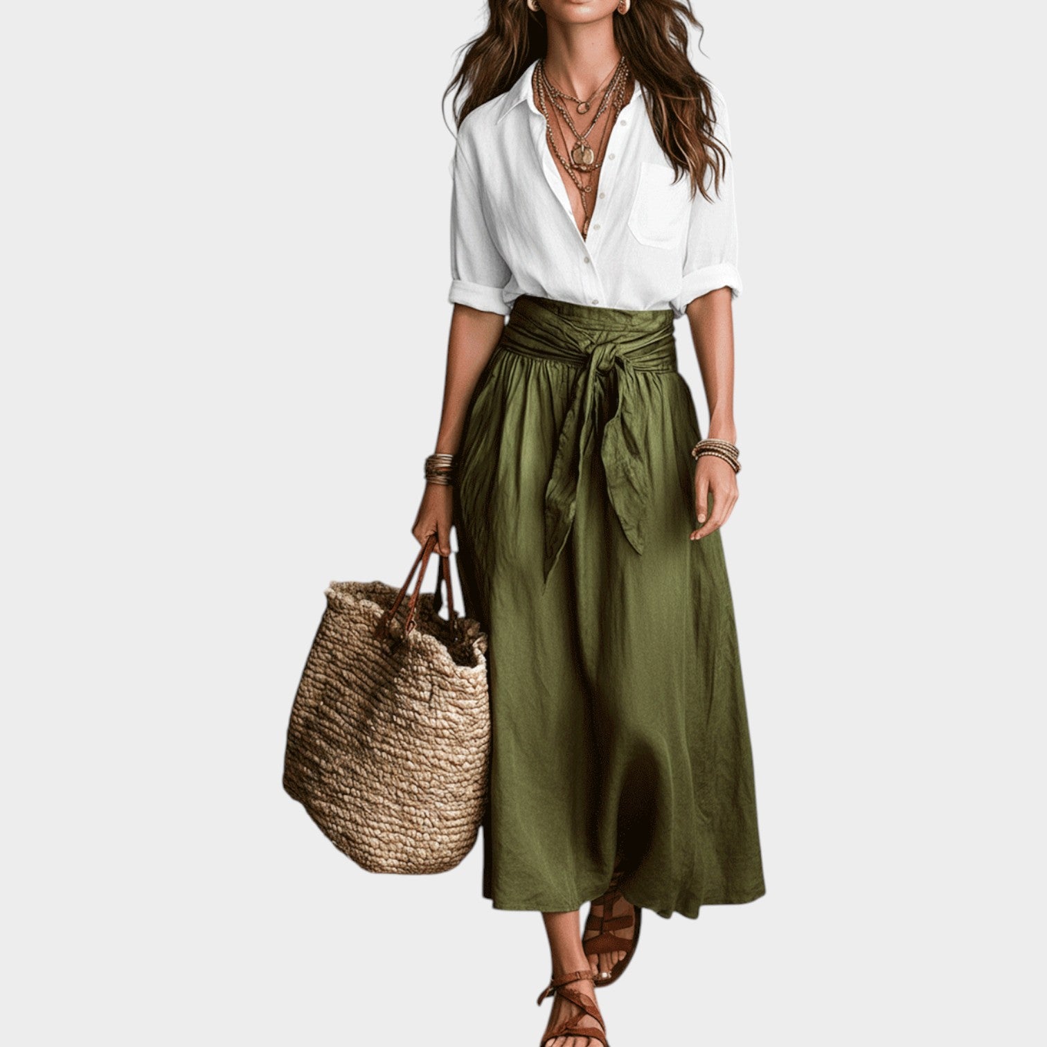 Linen Boho Two Piece Set Button Shirt & Maxi Skirt