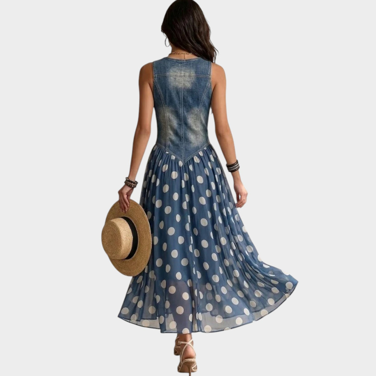 Women's Denim Maxi Dress with Polka Dot Print