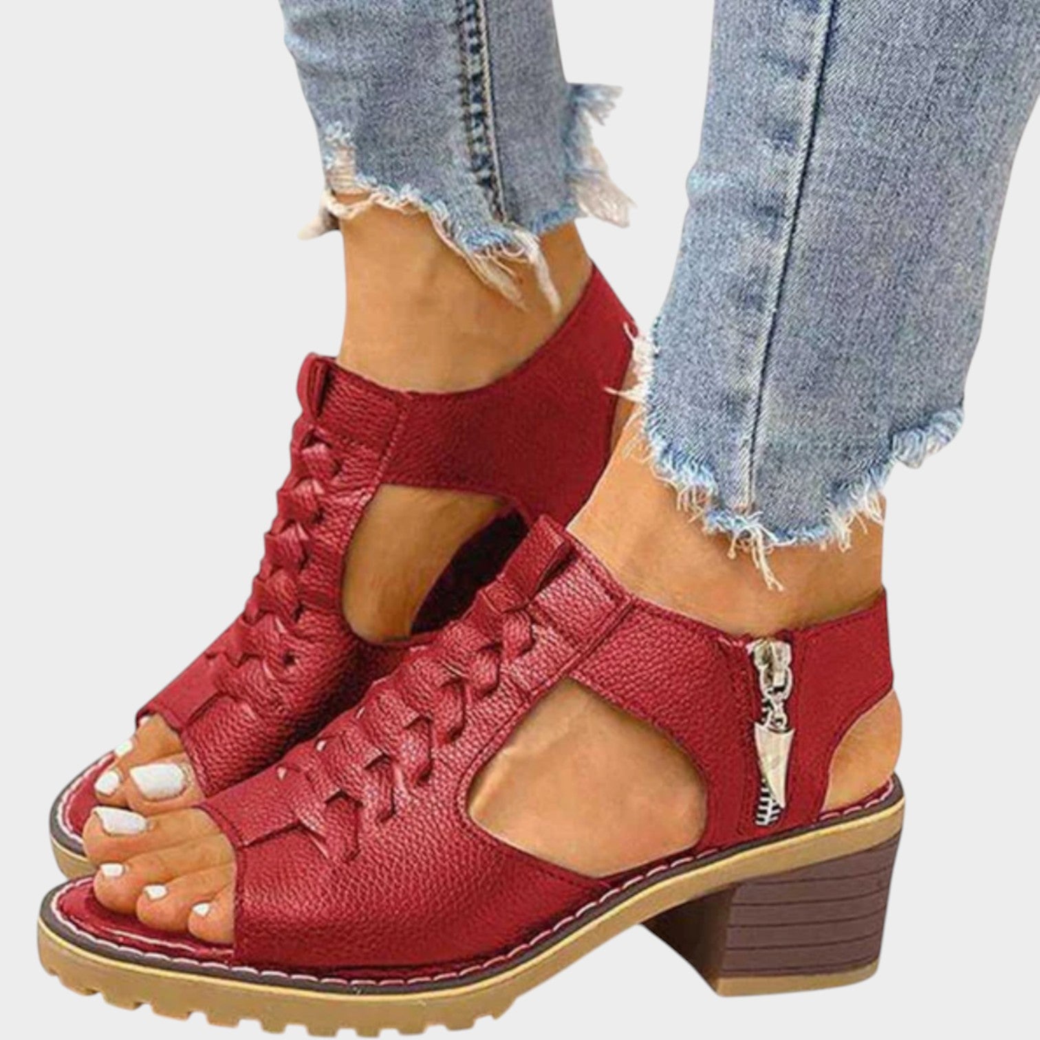 Block Heel Leather Sandals