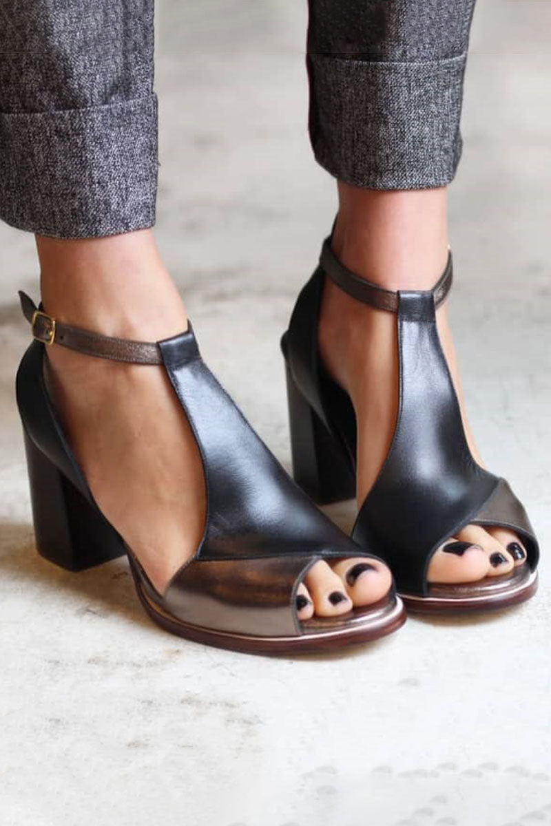 Nadaria™ | Black Patchwork Open-Toe Heels