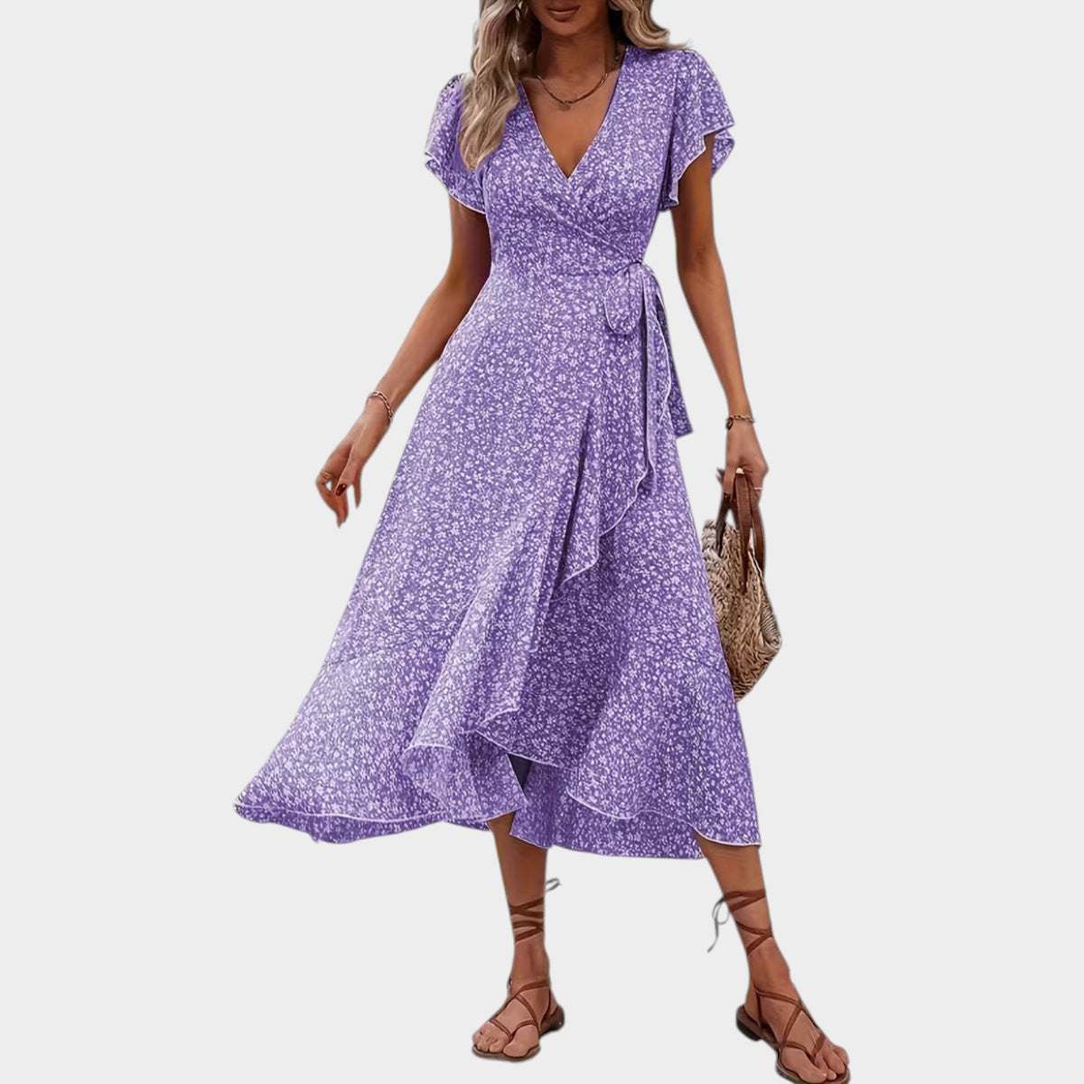 Women’s Floral Wrap Midi Dress with V-Neckline Short Sleeves