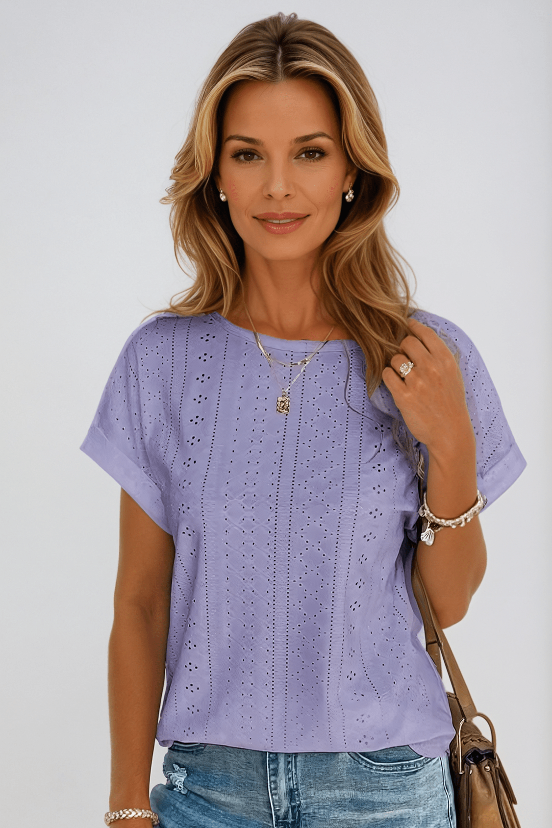 Pearl Women's Short Sleeve Crew Neck Top with Eyelet Embroidery