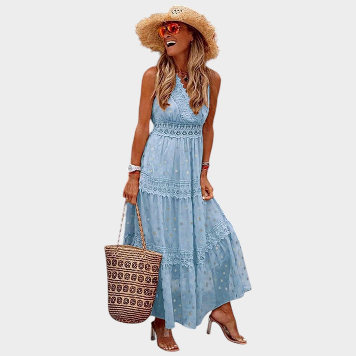 Women’s Boho Maxi Dress with Lace Trim and Halter Neckline