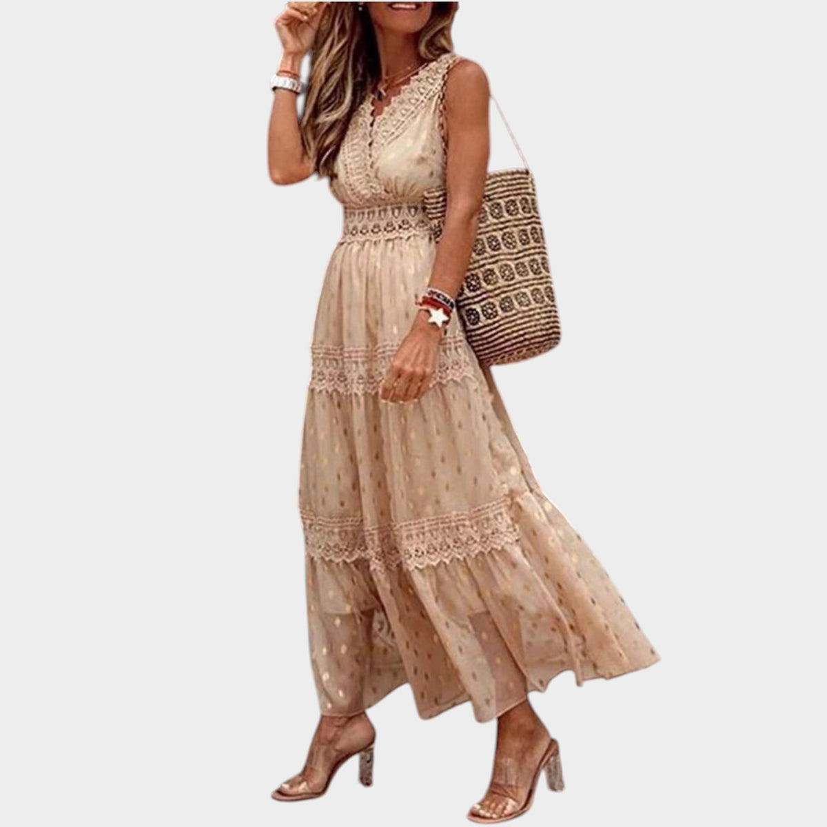 Women’s Boho Maxi Dress with Lace Trim and Halter Neckline