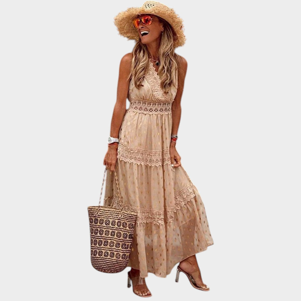 Women’s Boho Maxi Dress with Lace Trim and Halter Neckline