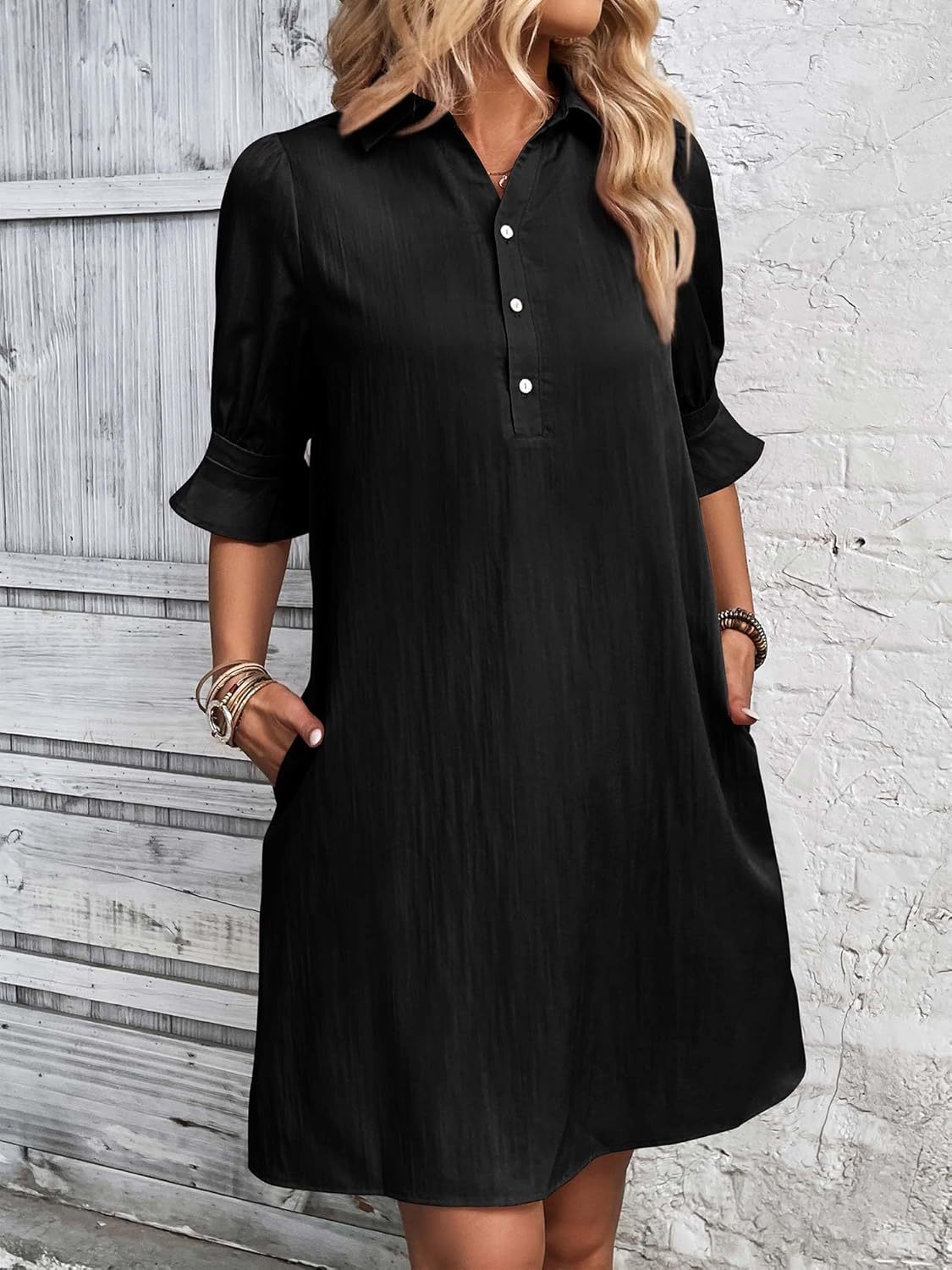 Harper | Women's Knee-Length 3/4 Sleeve Button-Down Shirt Dress