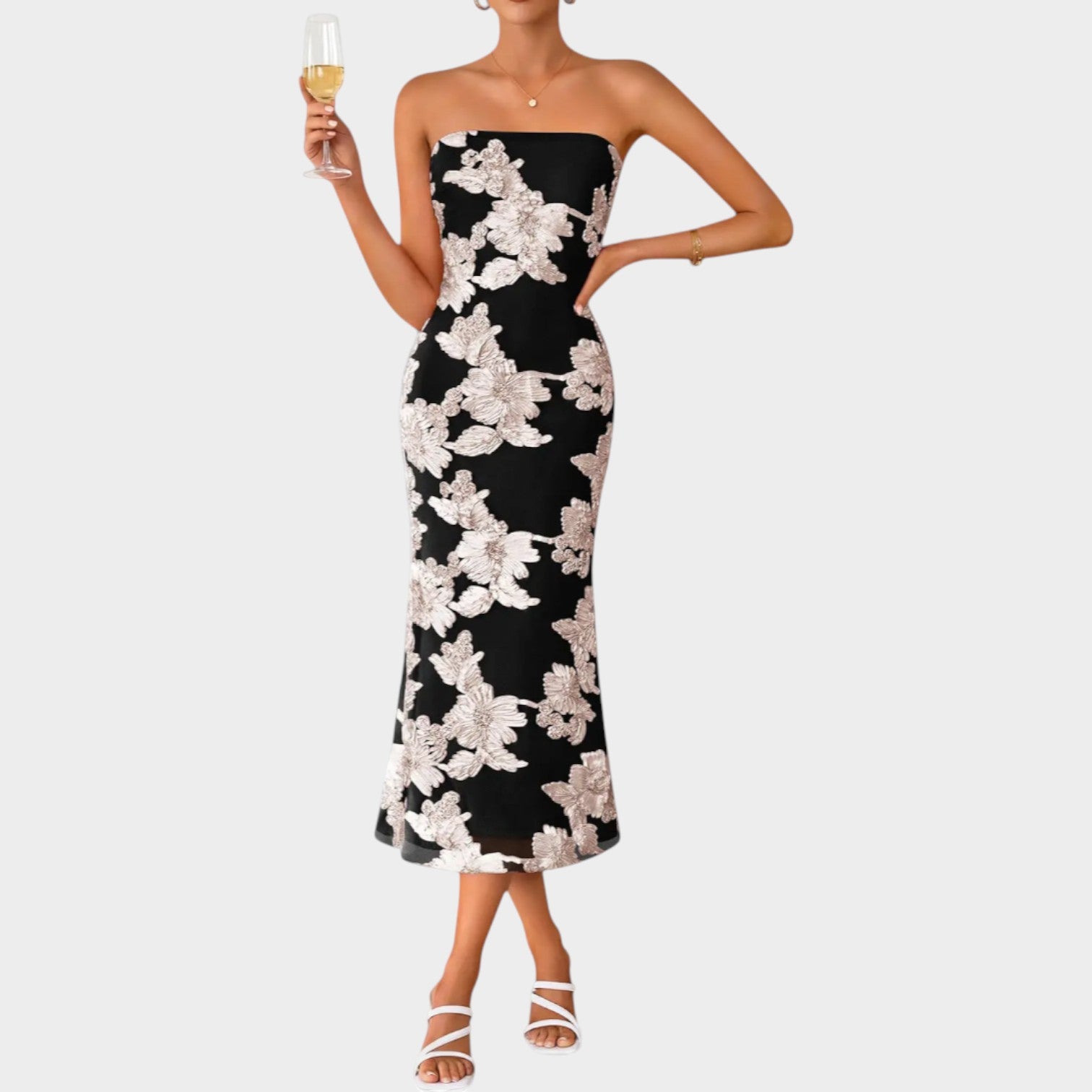 Strapless Floral Cocktail Midi Dress