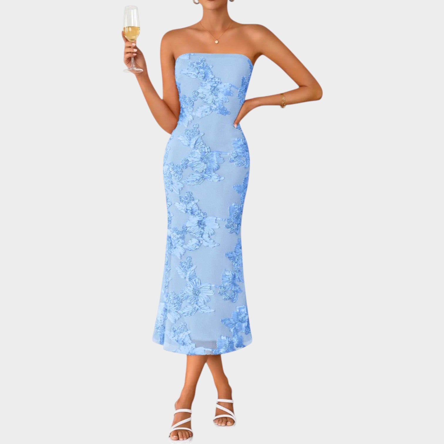 Strapless Floral Cocktail Midi Dress
