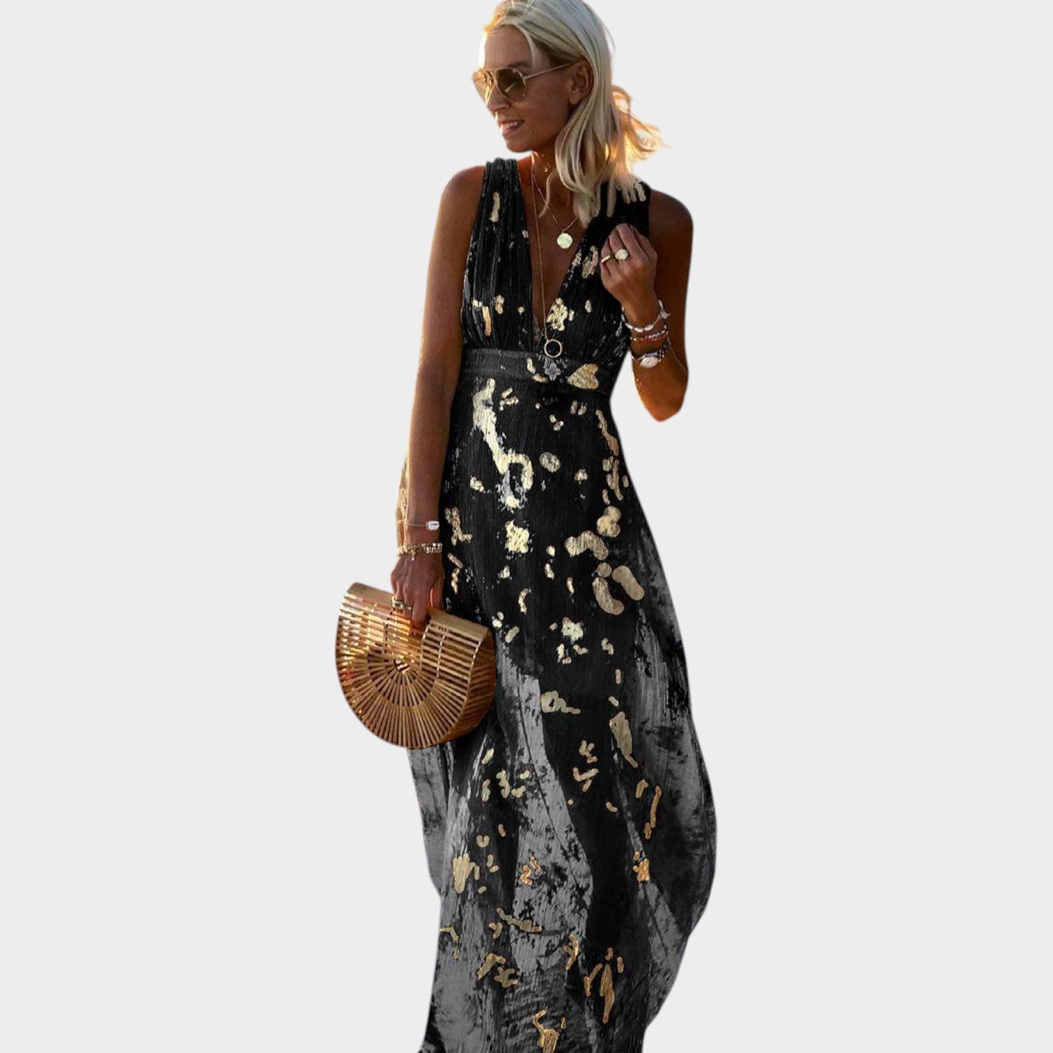 Metallic Evening V-Neck Maxi Dress