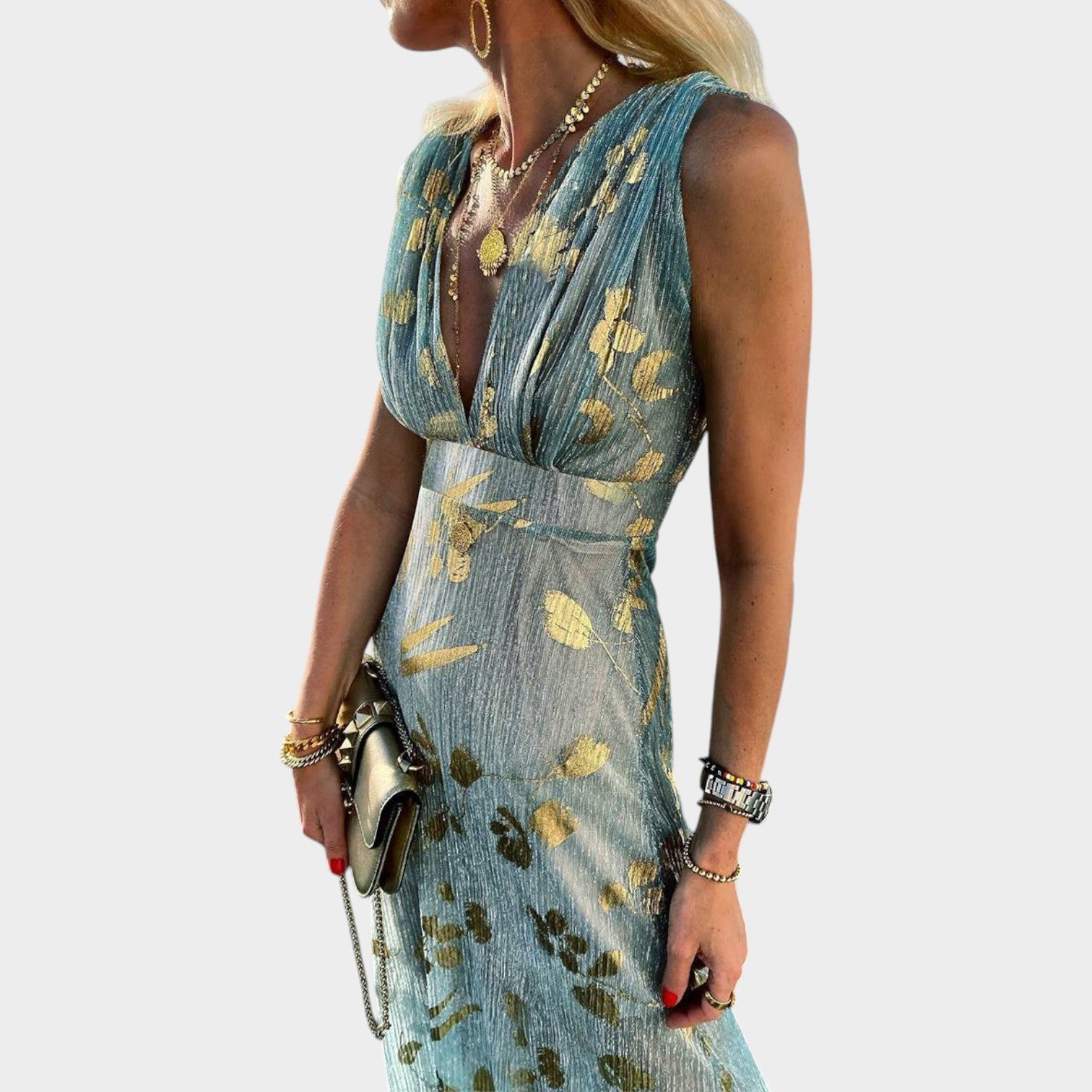 Metallic Evening V-Neck Maxi Dress