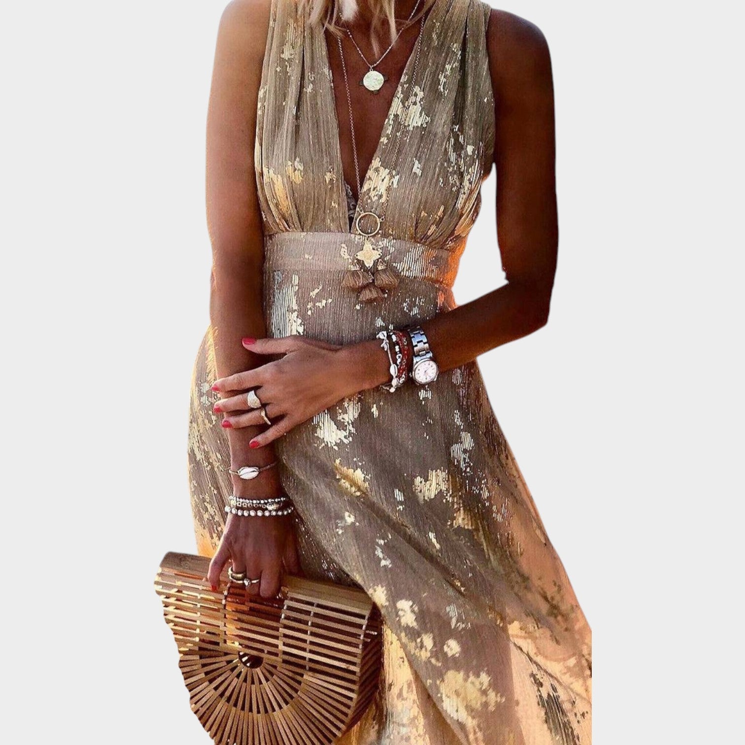 Metallic Evening V-Neck Maxi Dress