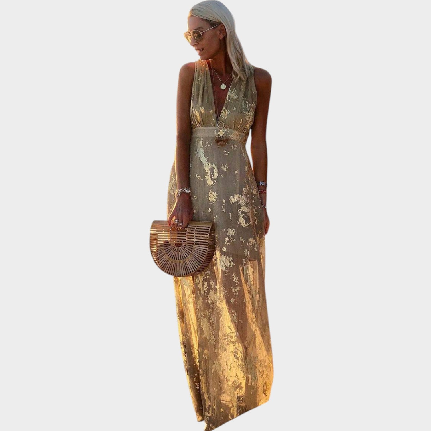 Metallic Evening V-Neck Maxi Dress