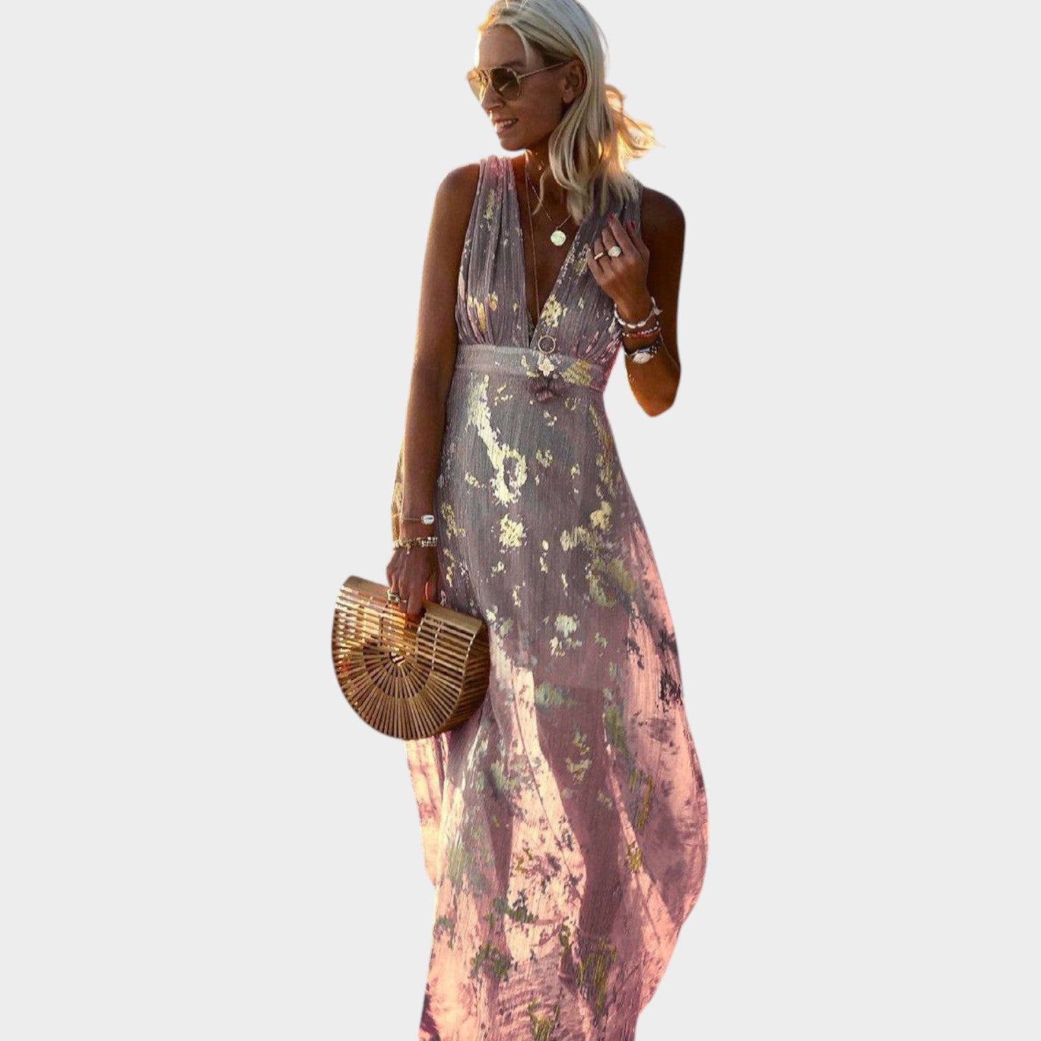 Metallic Evening V-Neck Maxi Dress