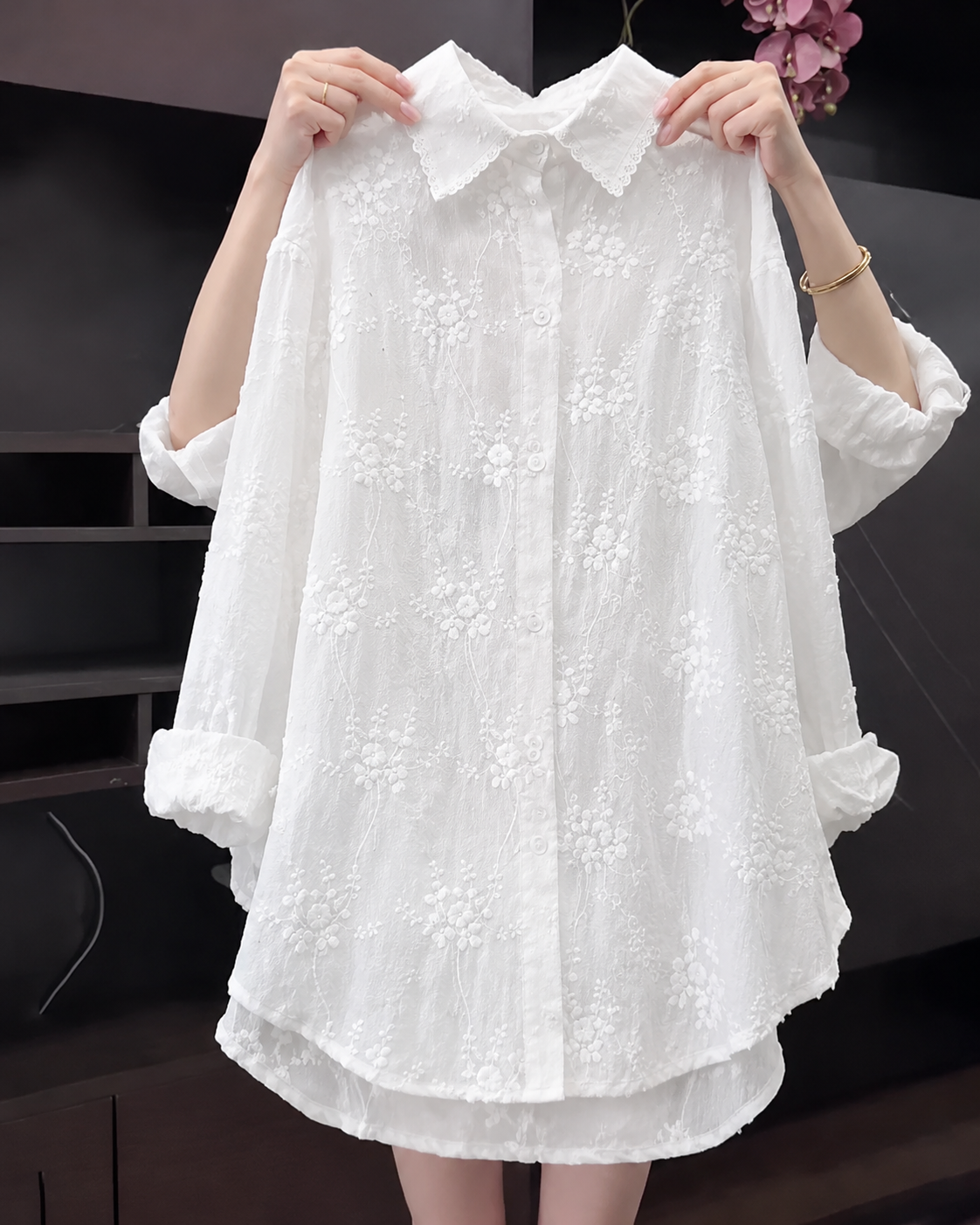Anneliese™ | Solid Floral Shirt with Relaxed Dropped Shoulders