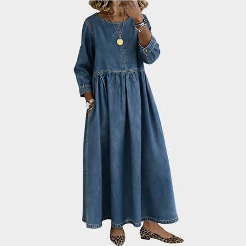 Women’s Denim Maxi Dress Round Neck Long Sleeves with Side Pockets