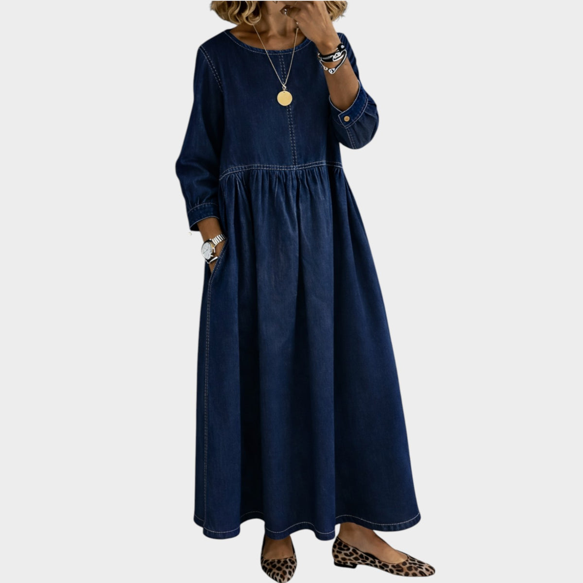 Women’s Denim Maxi Dress Round Neck Long Sleeves with Side Pockets