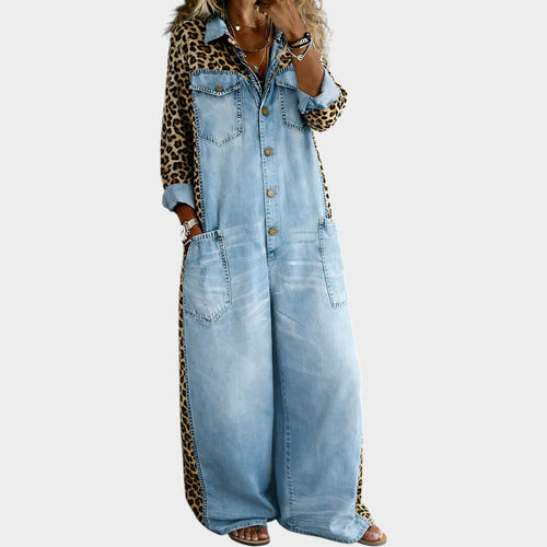 Women's Denim Jumpsuit Loose Fit Leopard Print