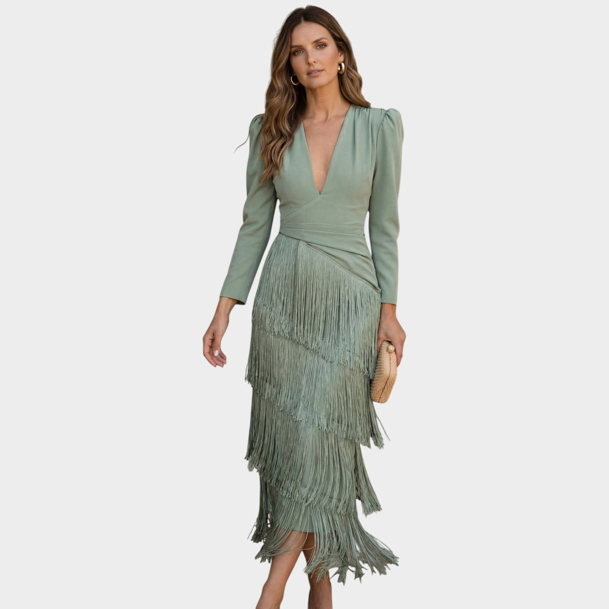 Women’s Maxi Fringe Dress with V-Neck and Long Sleeves