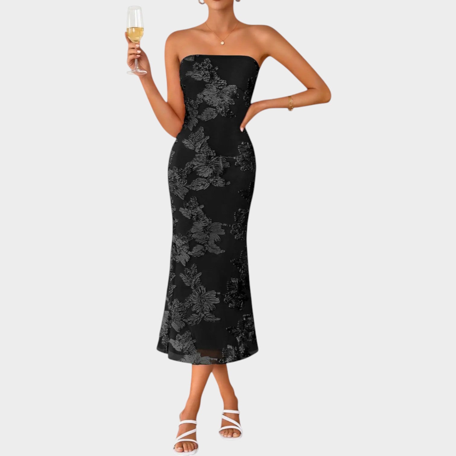 Strapless Floral Cocktail Midi Dress