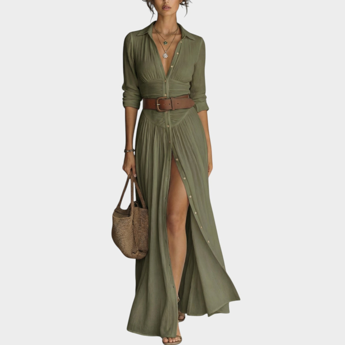Women's Shirt Maxi Dress Button Front Notched Collar