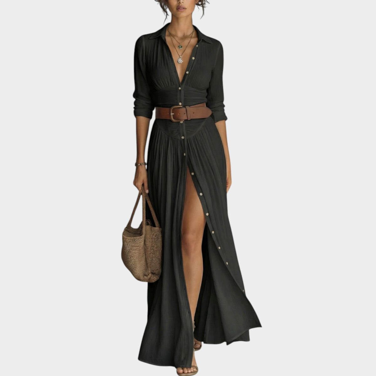 Women's Shirt Maxi Dress Button Front Notched Collar