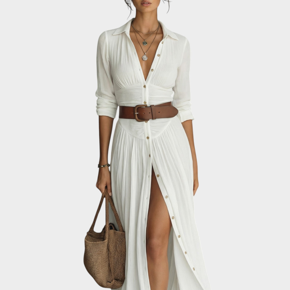 Women's Shirt Maxi Dress Button Front Notched Collar
