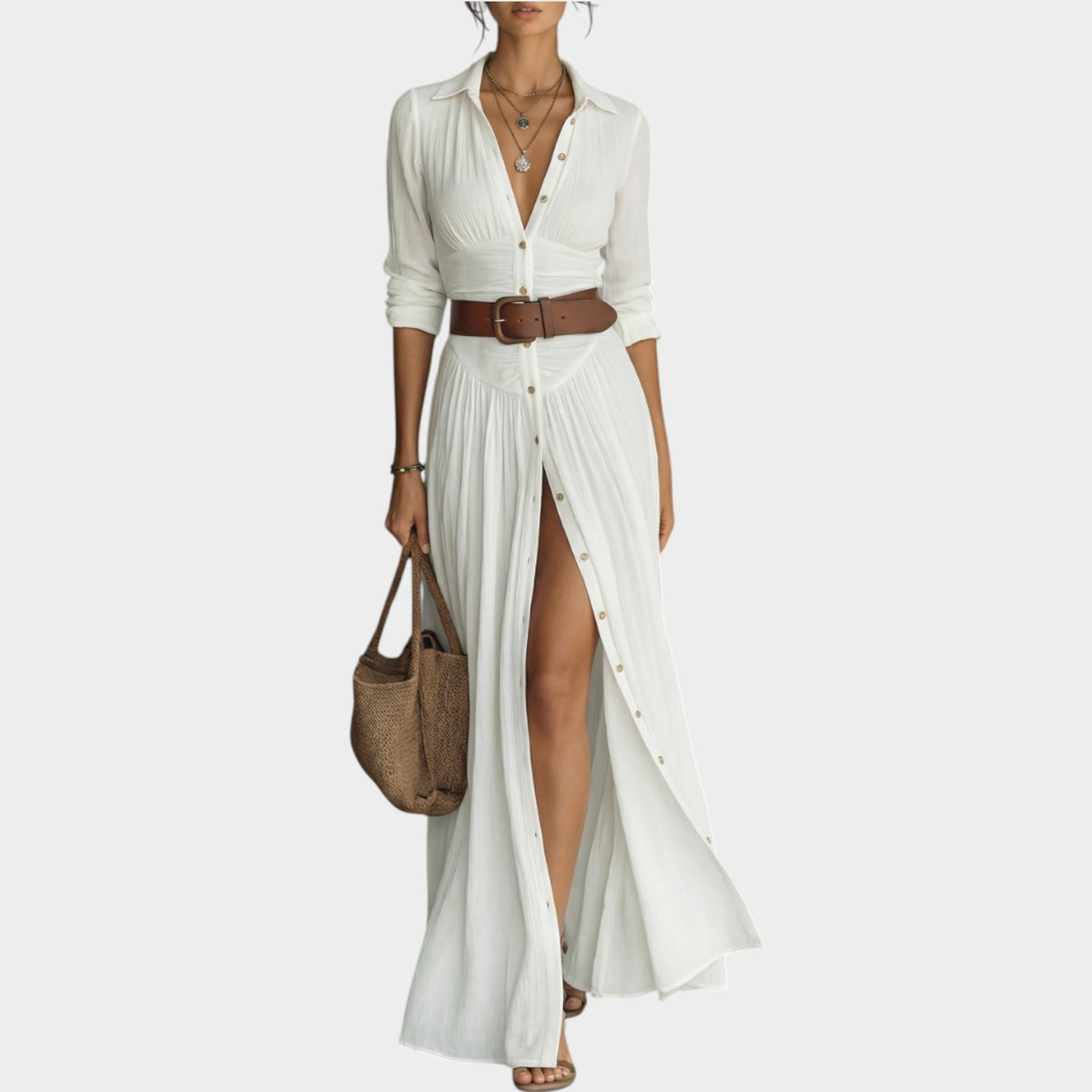 Women's Shirt Maxi Dress Button Front Notched Collar