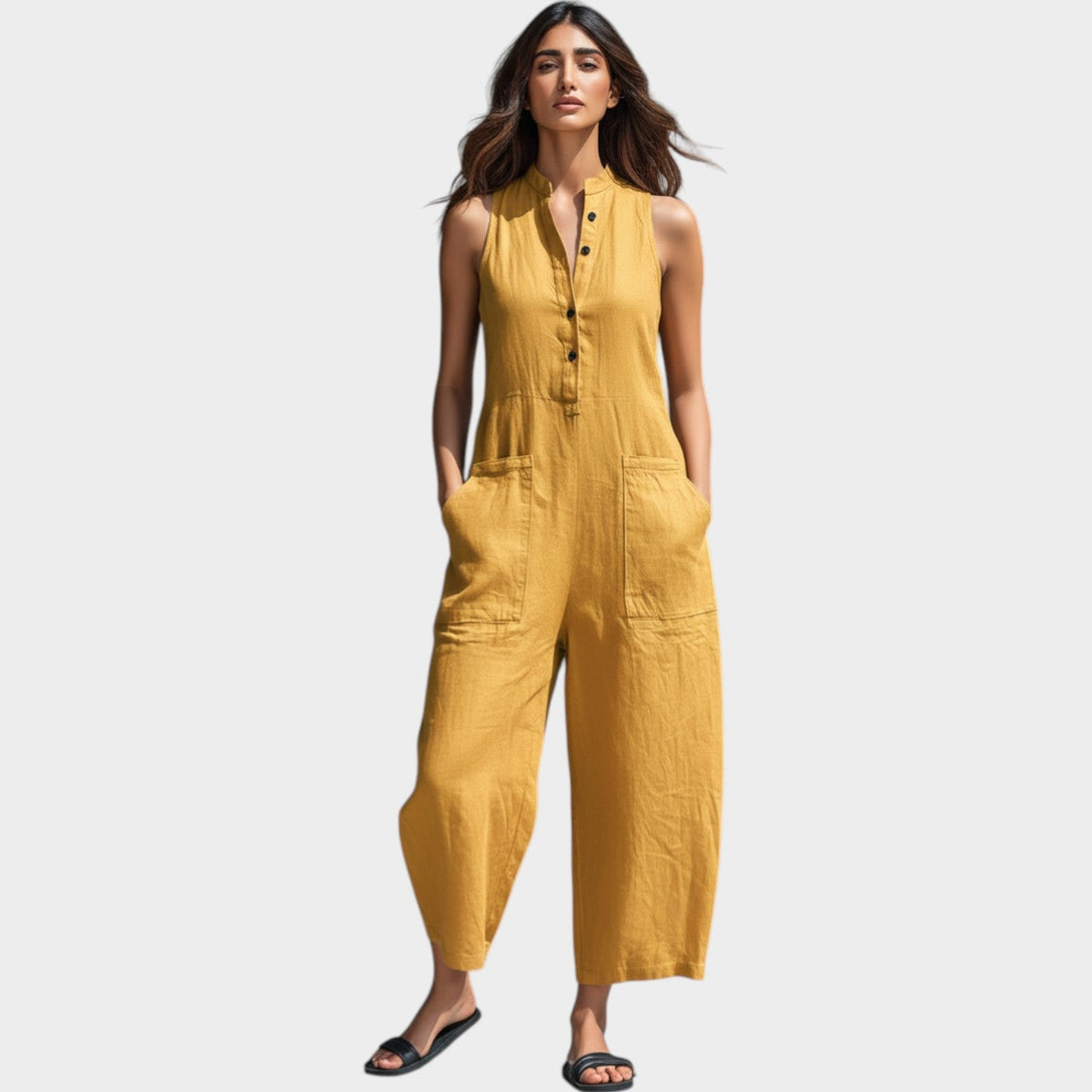 Women's Jumpsuit Sleeveless Linen Button‑Front