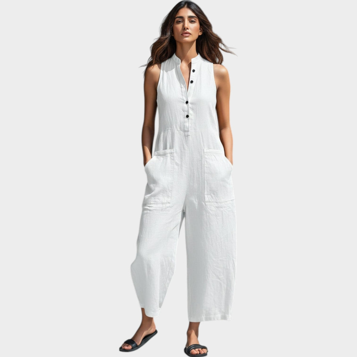 Women's Jumpsuit Sleeveless Linen Button‑Front