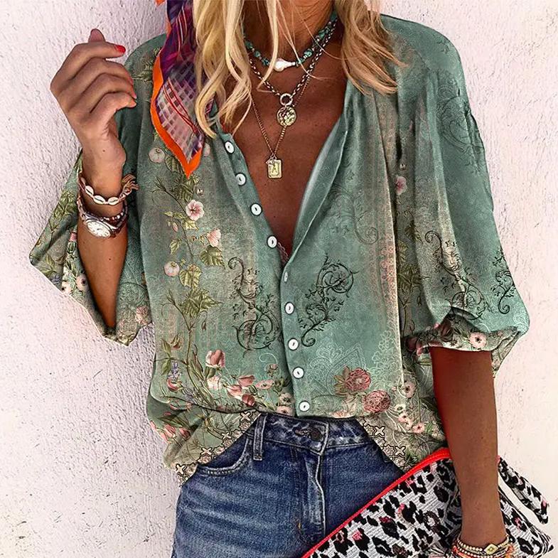 Zara | Women's V-Neck Long Sleeve Boho Print Blouse with Button Closure