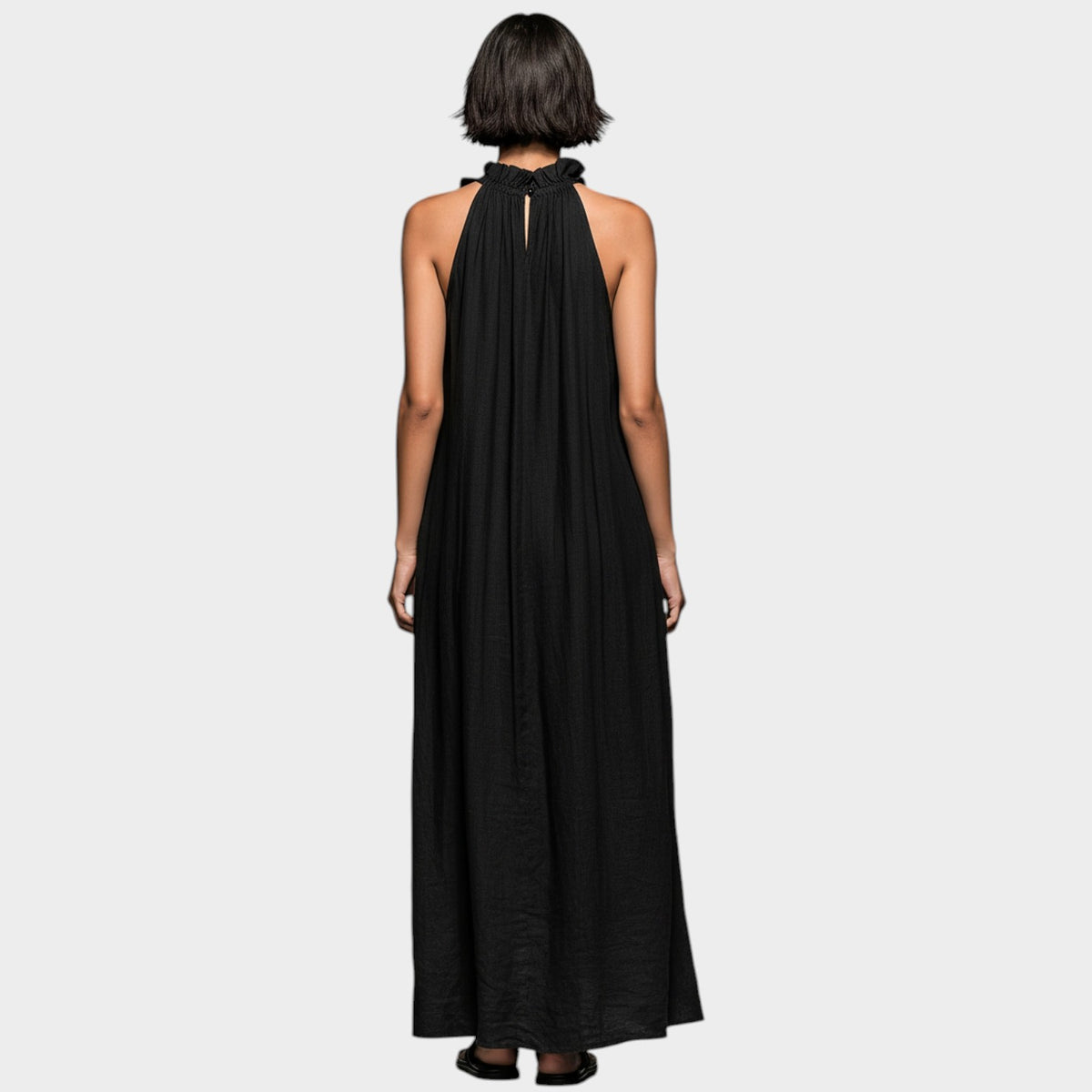 Women’s Sleeveless Maxi Dress with Ruffle Details and High Neckline
