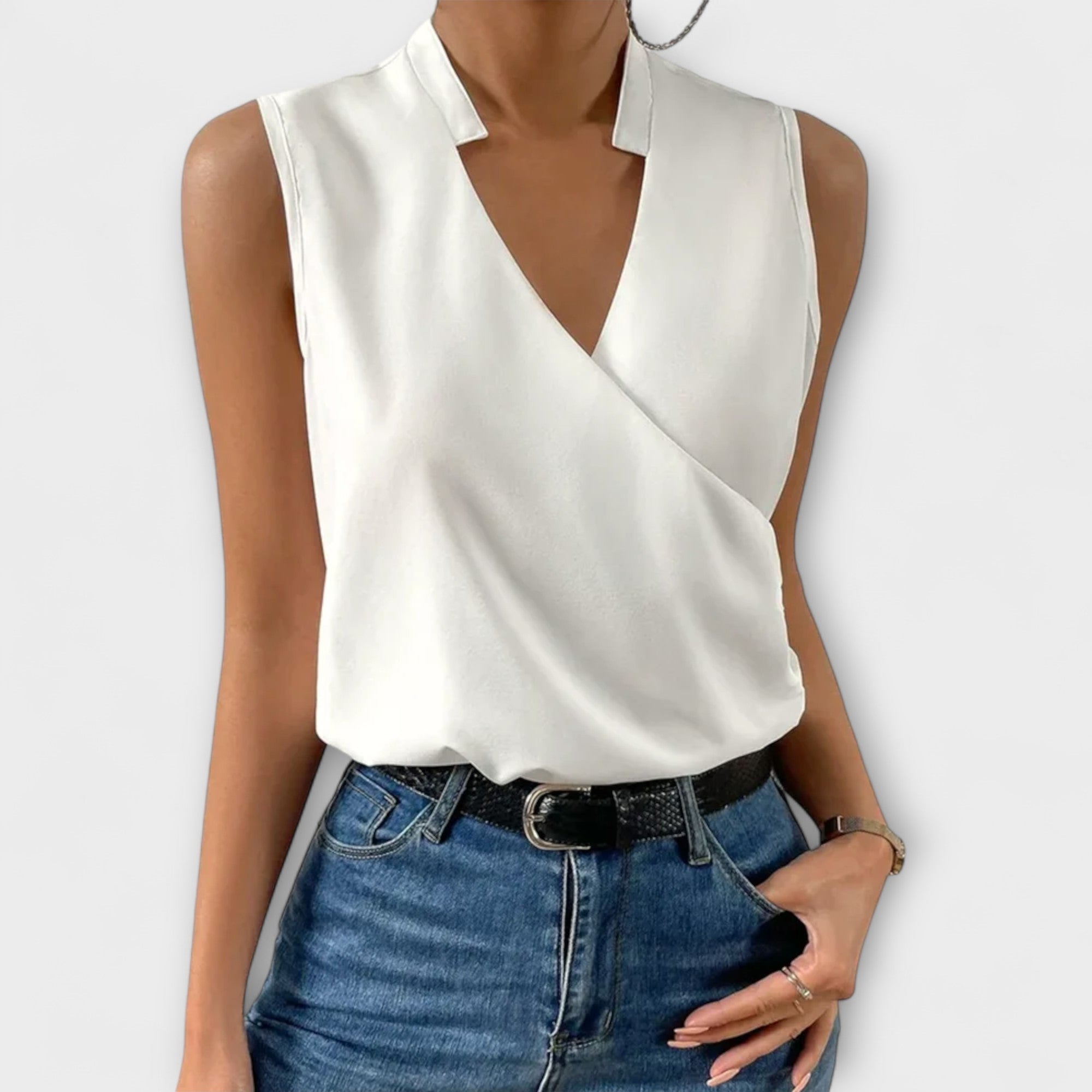 Nina | Women's Collared Sleeveless Wrap V-Neck Blouse