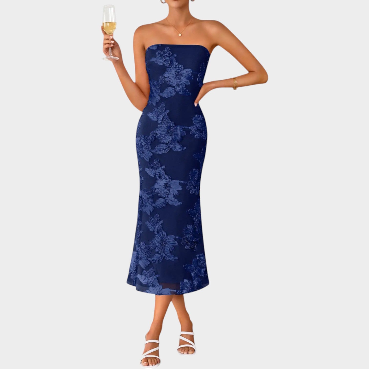 Strapless Floral Cocktail Midi Dress