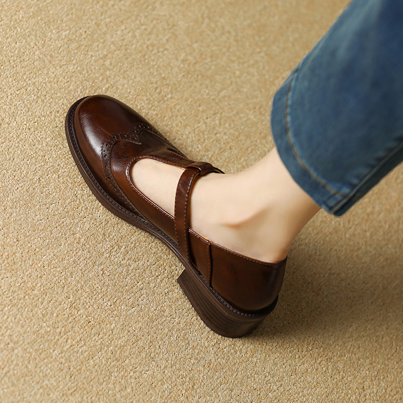 Nadine | Women's Leather T-Strap Mary Jane Shoes with Low Block Heel