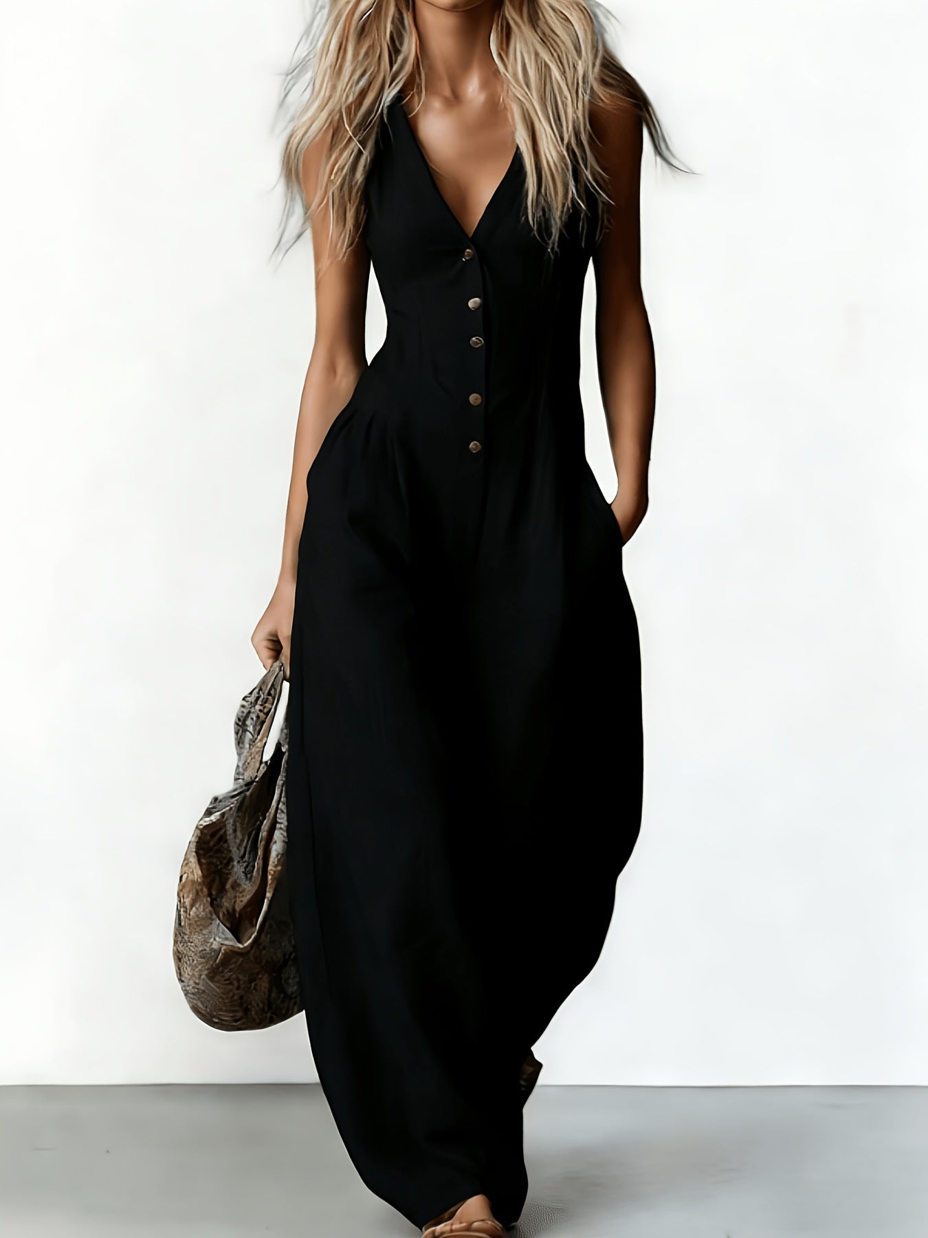 Sleeveless Button-Front Wide-Leg Jumpsuit