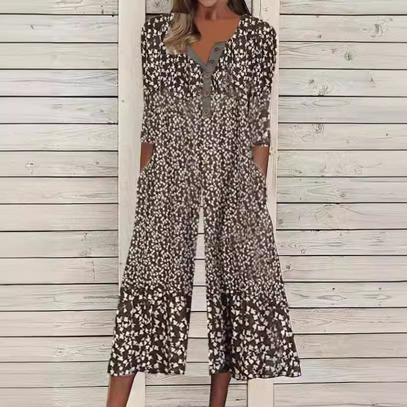 Lagoon | Women's V-Neck Short Sleeve Jumpsuit with Leaf Print and Wide Legs