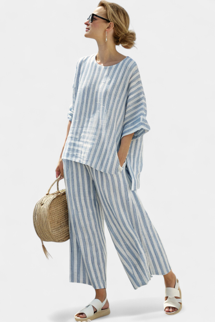 Marina | Women's Striped Casual Top with Wide-Leg Pants Set