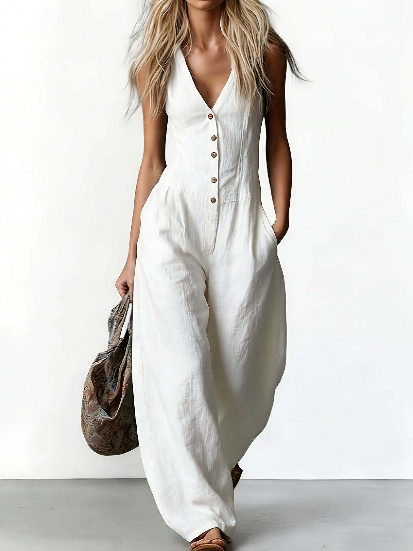 Sleeveless Button-Front Wide-Leg Jumpsuit