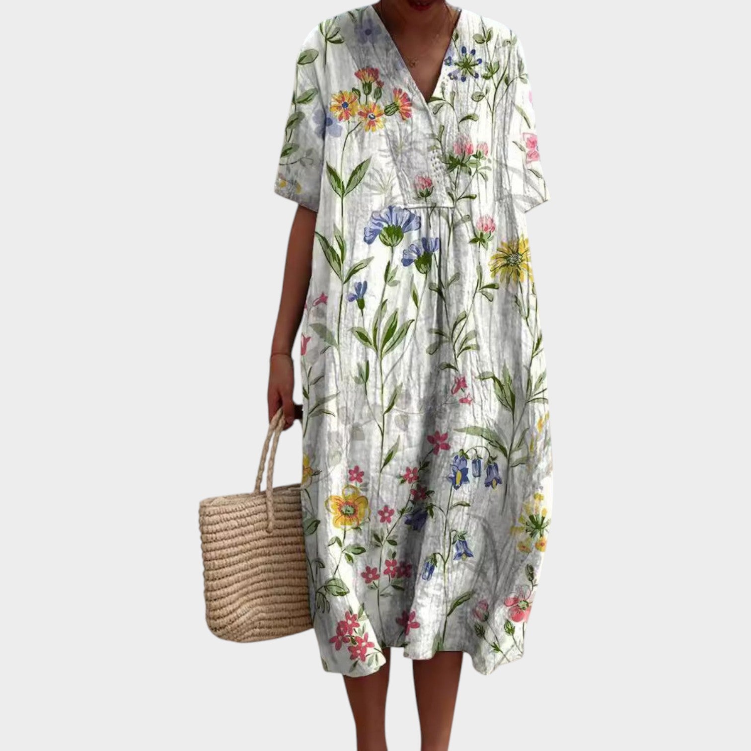 Casual V-Neck Floral Midi Summer Dress