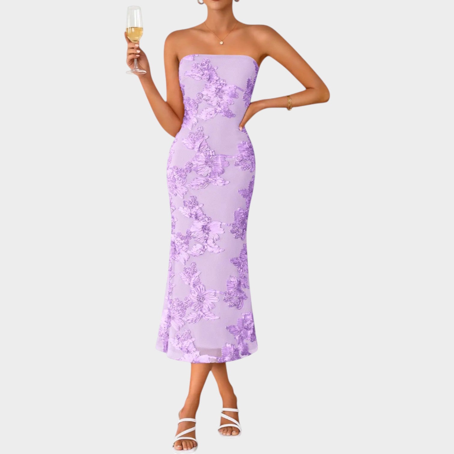 Strapless Floral Cocktail Midi Dress