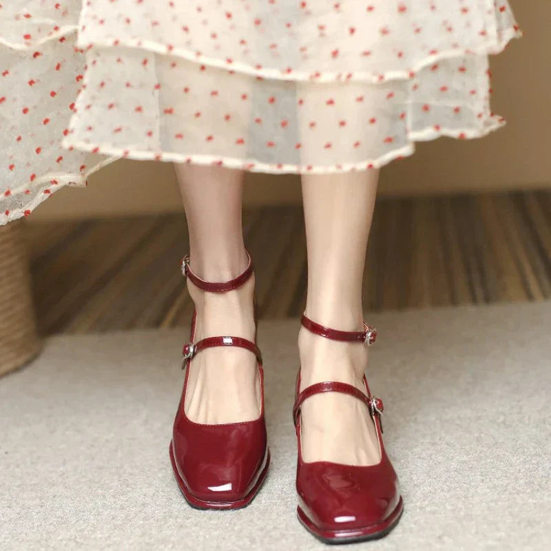 Celeste | Women's Square Toe Mary Jane Pumps with Ankle Strap and Block Heel