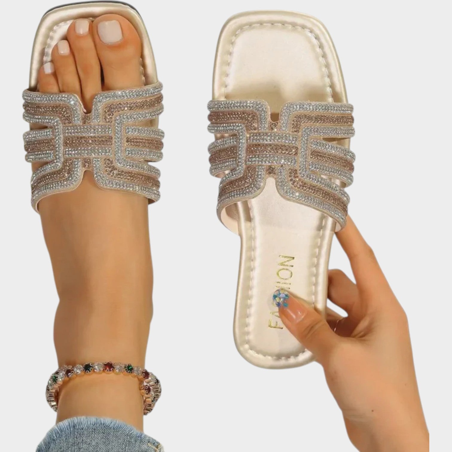 Rhinestone Square Toe Slide Sandals