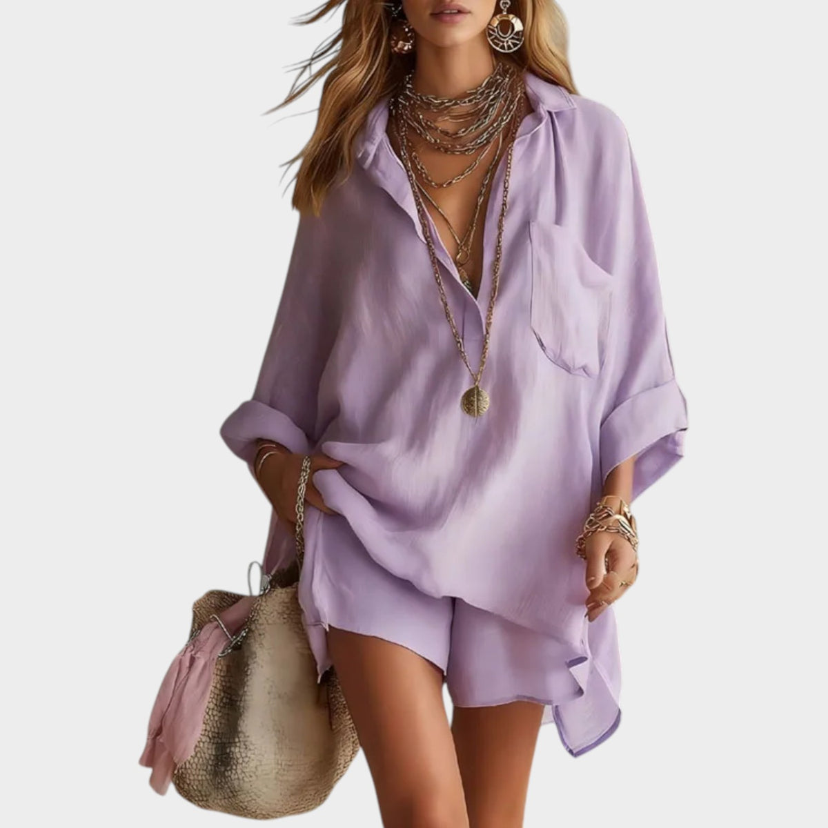 Women's Linen Matching Set Oversized Shirt & Shorts