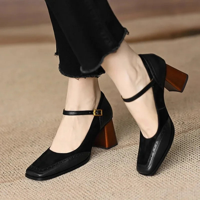 Constance | Women's Ankle Strap Brogue Pumps with Square Toe and Block Heel