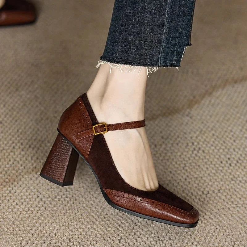 Constance | Women's Ankle Strap Brogue Pumps with Square Toe and Block Heel
