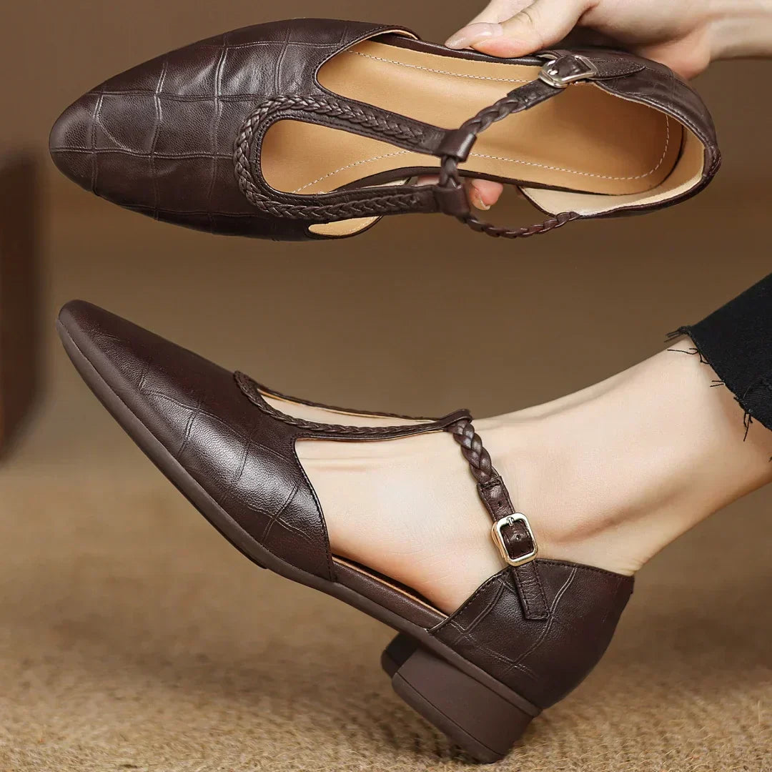 Margot | Women's Pointed Toe Leather T-Strap Mary Jane Flats